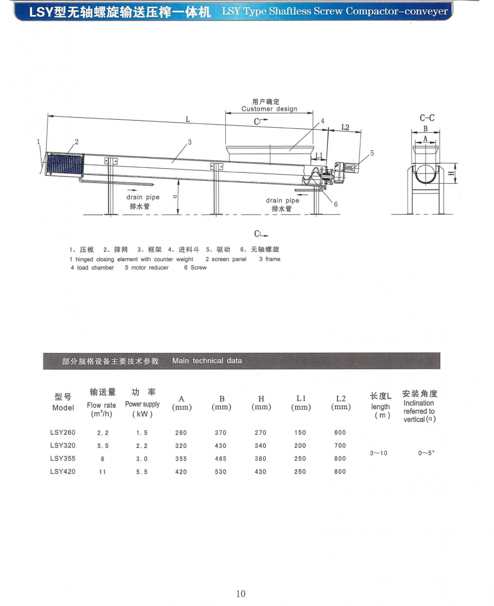 LSY shaftless screw compactor -conveyor