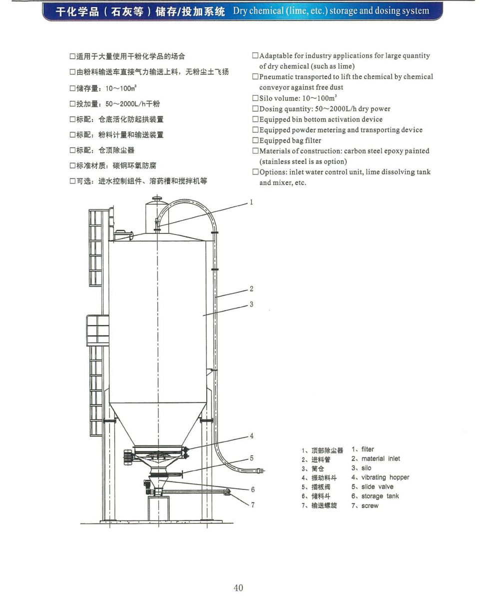 Dry chemical (lime, etc.) storage and dosing system